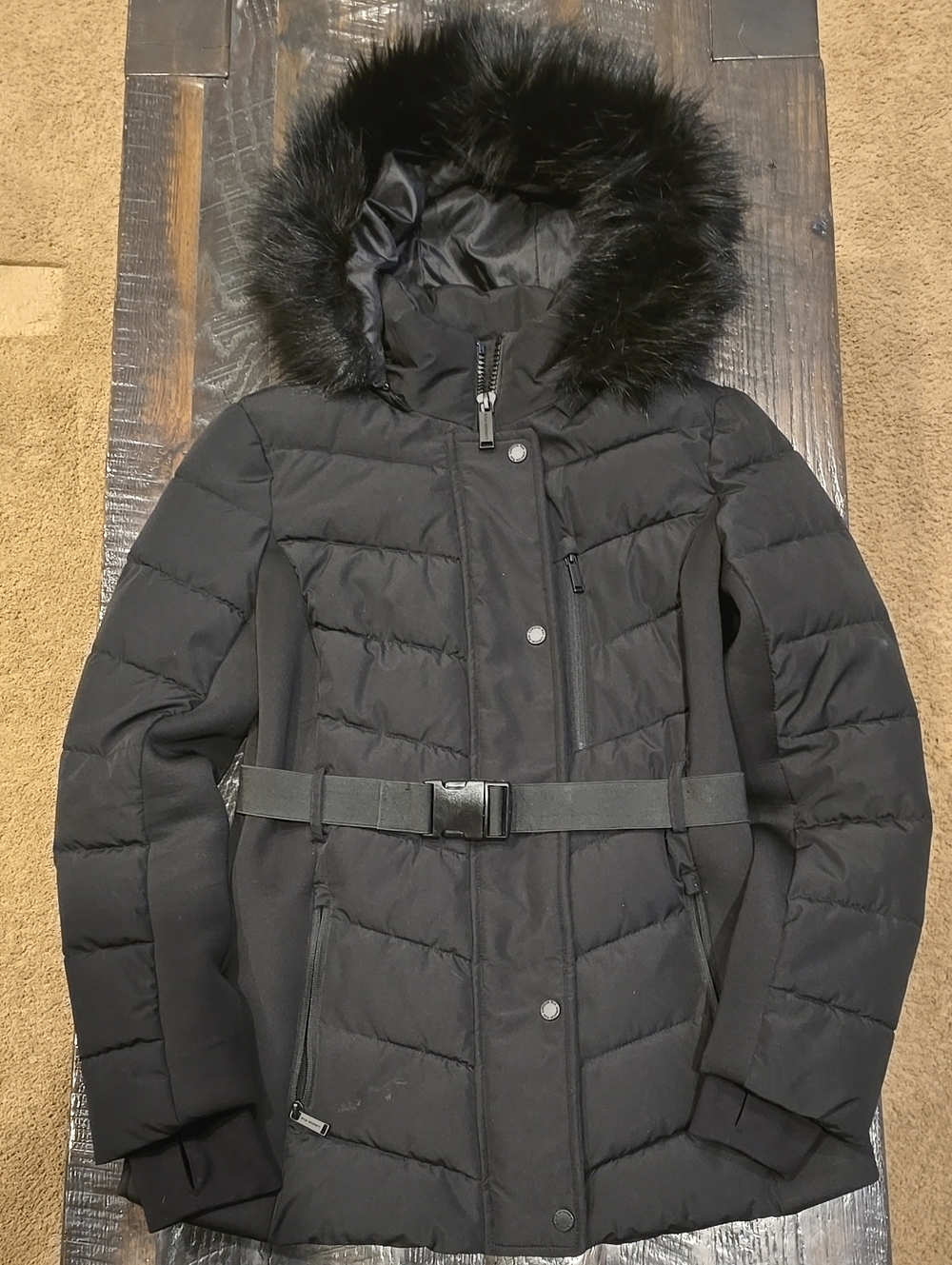 London Fog Black Quilted Hooded Puffer Coat with Faux Fur Trim